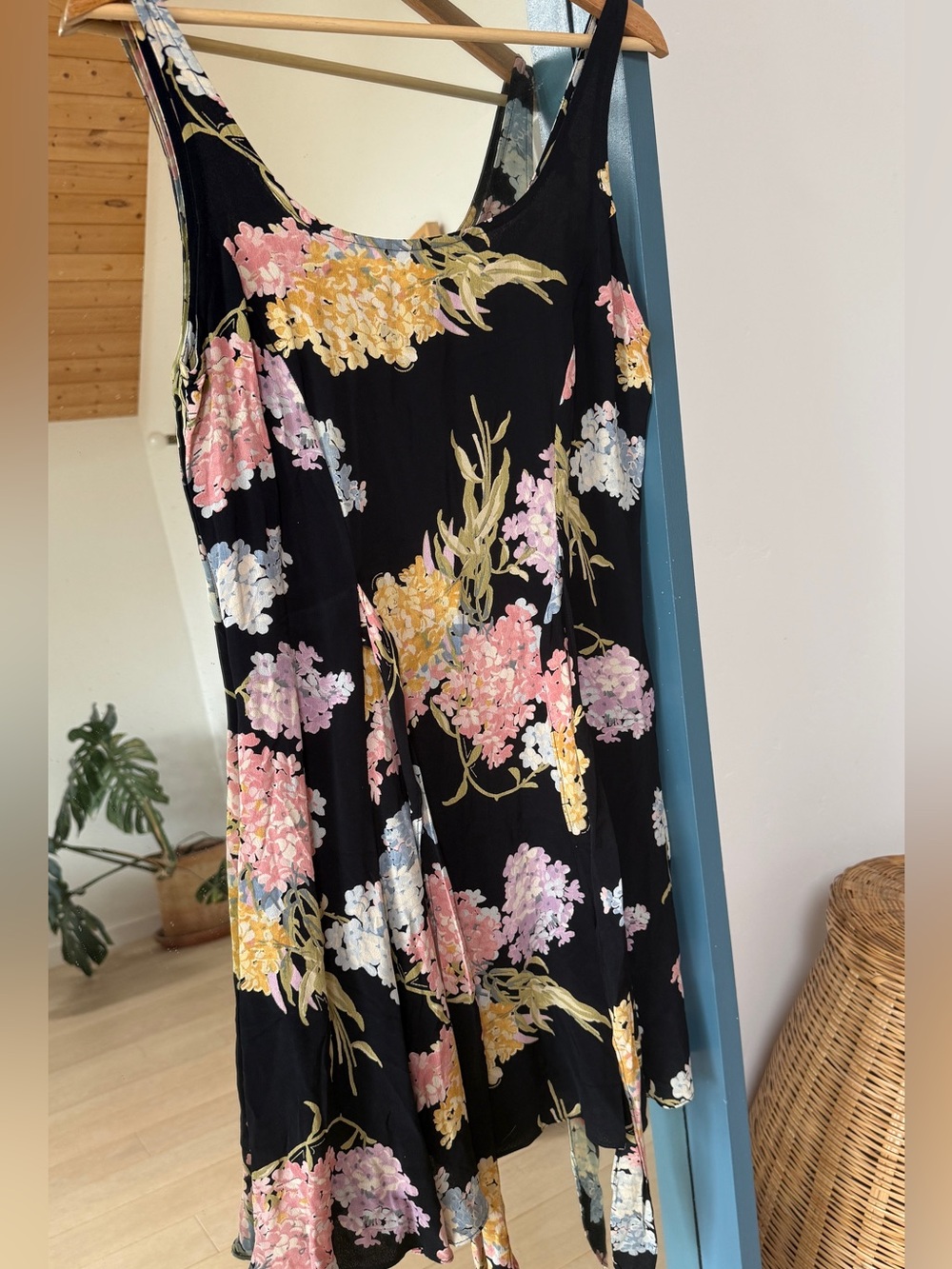 Vintage Betsy Johnson Black Floral Midi Dress with Pink Yellow Lavender Blooms